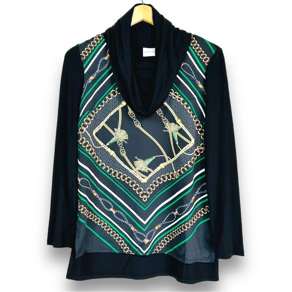 4/$20 Chico’s Zenergy Chain Print Cowl Neck Top Black Green Small 0 4